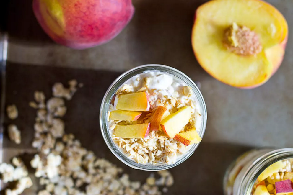 Like summer in a jar, this perfect parfait is naturally sweetened with peaches and dates.