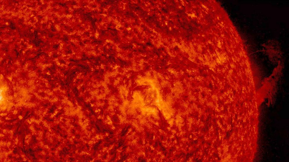 A prominence observed along the right edge of the sun rose up and then most of it bent back down to the surface on Oct. 4, 2016.