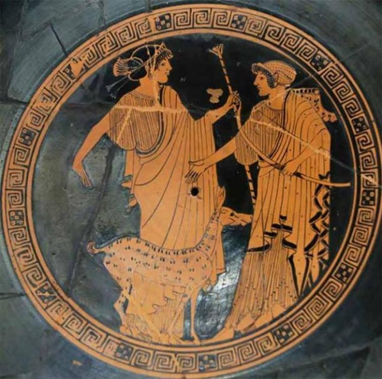 Apollo and Artemis on a Greek cup from about 470 BC. Apollo, who was the Archer, is on the left. Artemis, the huntress, is shown with the bow.