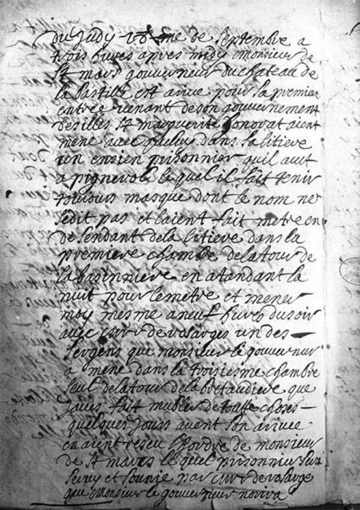 The imprisonment of the Man in the Iron Mask as recorded in the Bastille prison register on in 1698.