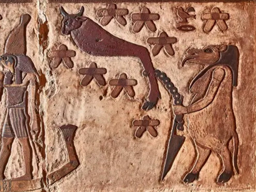 Here is the ancient Egyptian depiction of the Big Dipper, seen here in the shape of a bull's leg. It includes seven stars and is tied to a stake by a goddess in hippo form (right). The Big Dipper is considered the manifestation of the evil god Seth, who m