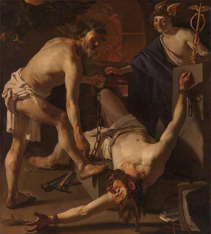 Hephaestus bounds Prometheus for gifting fire to humans, by Dirck van Baburen