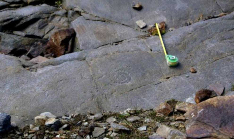 Man and spiral petroglyph found in the Stelvio National Park, Lombardy, Italy. 