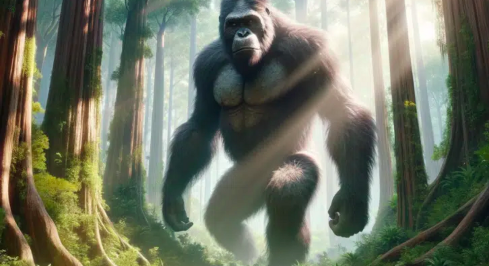 Extinct Giant Ape Walking in Prehistoric Forest. Image generated by AATG using DALL-E.