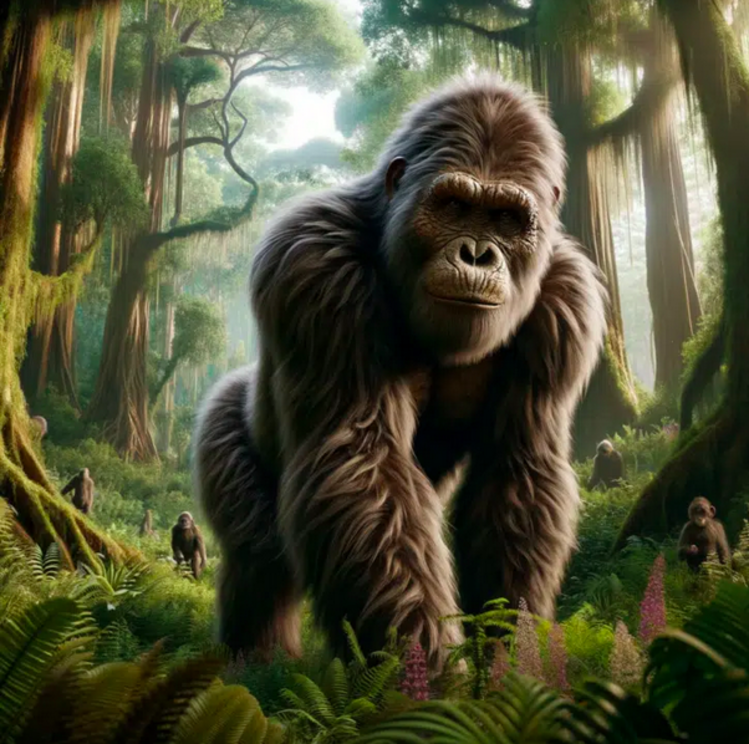 Imagined reconstruction of scientific representation of Extinct Giant Ape. Image generated by AATG using DALL-E