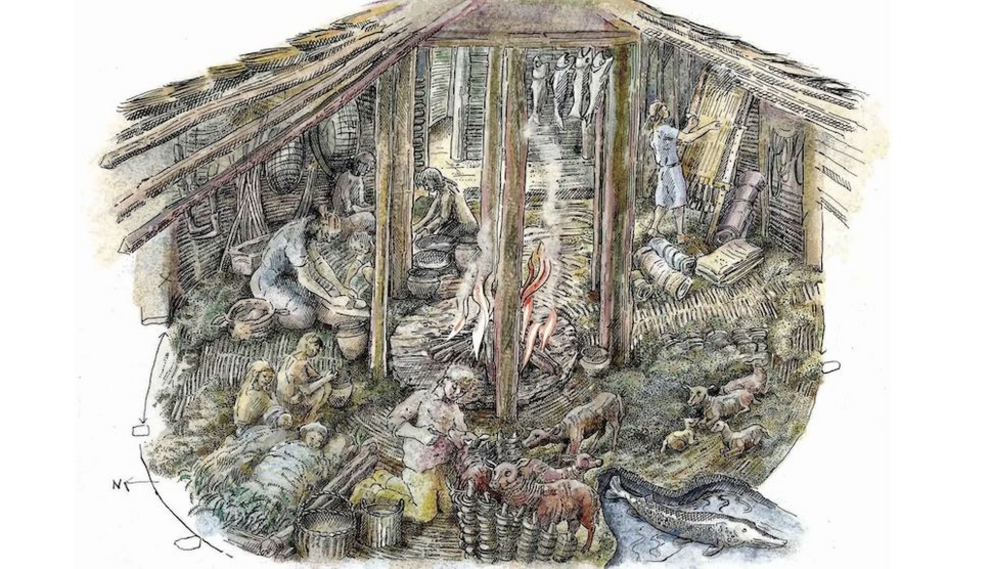 An illustration depicting what family life may have looked like at the Bronze Age settlement.