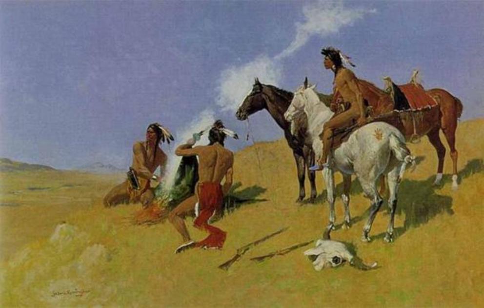 Ancient North American tribes used smoke signals to communicate, by Frederic Remington.