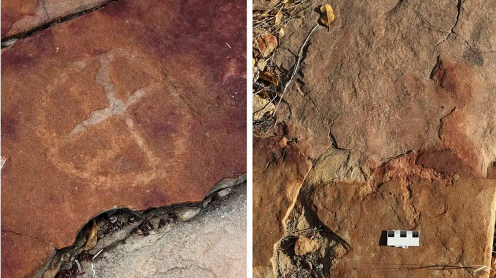 A petroglyph (left) and tridactyl dinosaur track (right), damaged by fracturing of the rock face. Photo: Troiano et al., Scientific Reports 2024