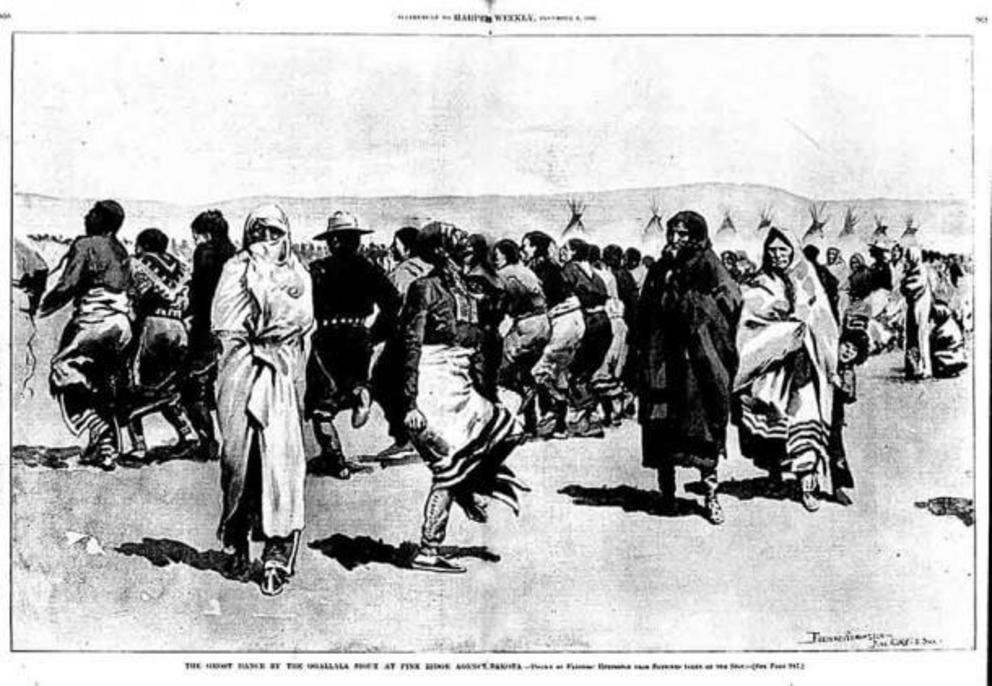 The Ghost dance by the Oglala Lakota, one of the groups of the Sioux tribe, at Pine Ridge Agency-Drawn by Frederic Remington from sketches taken on the spot.