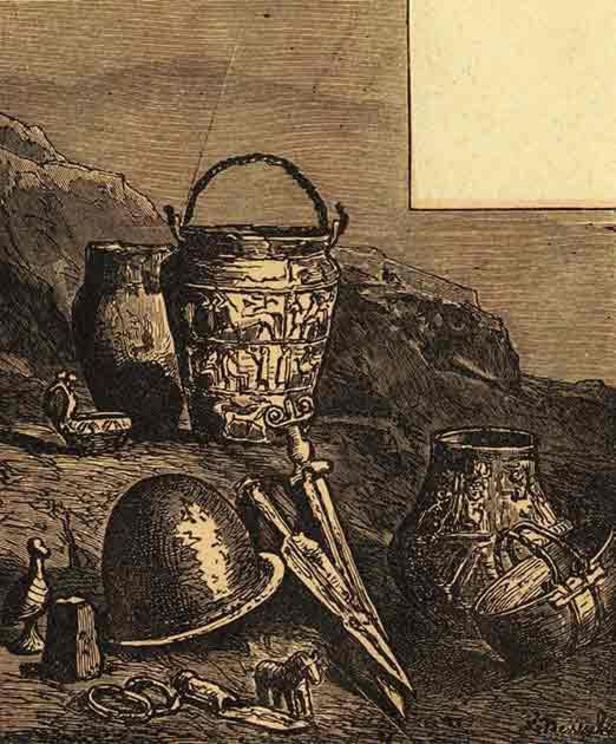 Illustration of the sacrificial hoard discovery, which included the so-called Negau helmets.