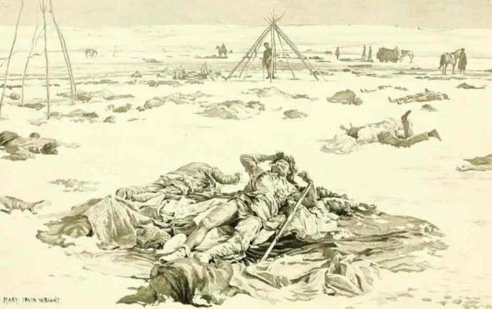 Illustration from the Annual report of the Bureau of Ethnology to the Secretary of the Smithsonian Institution, depicting the Wounded Knee Massacre of 1890, where members of the Lakota Sioux tribe were massacred by the U.S. Cavalry.