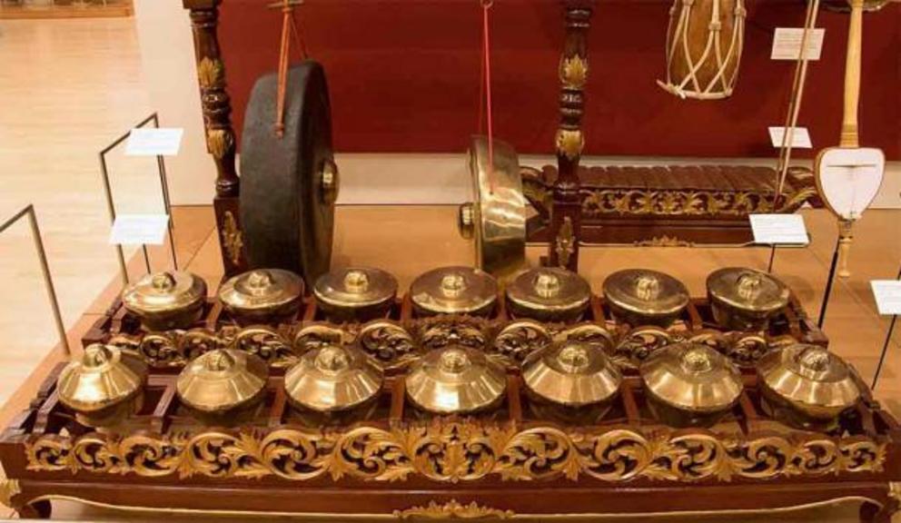 Indonesian or Javanese gong chimes, including bonang, front. Musical Instrument Museum, Phoenix, Arizona