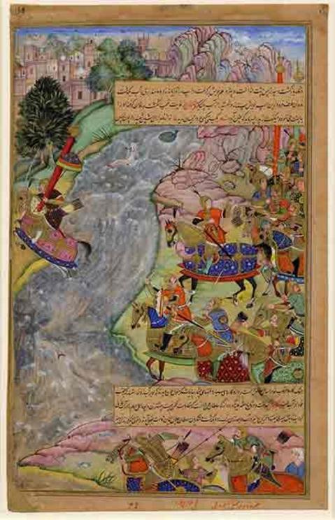 Painting depicting the last Shah of the Khwarazmian Empire, Jalal al-Din Mangburni, crosses the Indus River to escape the forces of Genghis Khan at the Battle of the Indus.