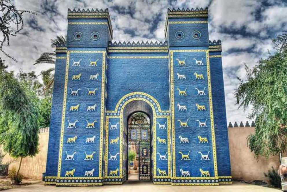 A replica of the Ishtar Gate located in the Babylon ruins of Iraq. The original remains are on display at the Pergamon Museum in Berlin, Germany.