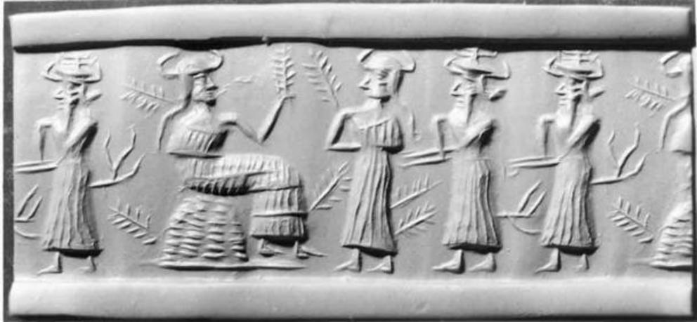 Cylinder seal possibly depicting Ninmakh of Mesopotamian mythology, sitting on a throne surrounded by worshippers.