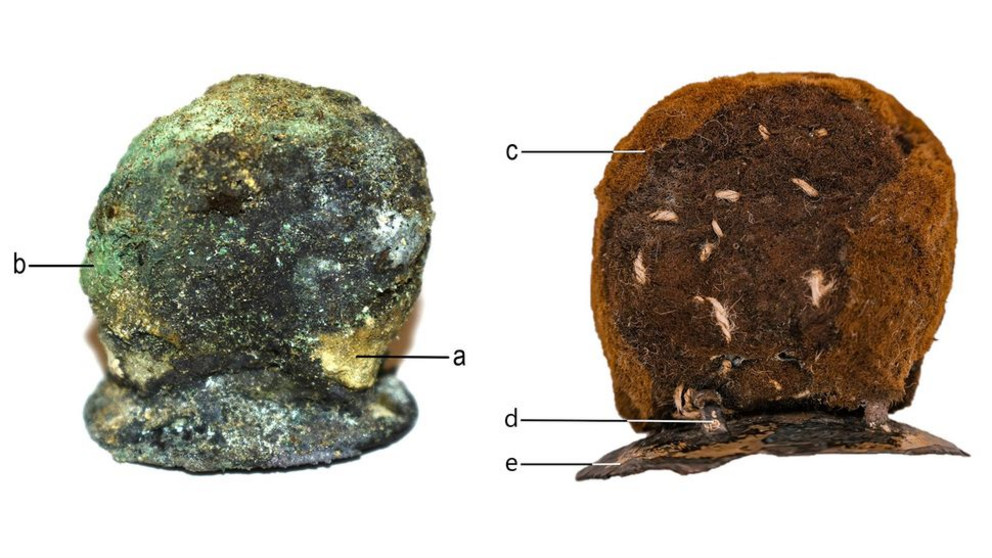 A magnified view of the prosthesis before (left) and after (right) conservation. In the left image, we see a) traces of shiny, yellow metal (most likely gold) covering the woolen pad; and b) a trace of green corrosion indicating copper. In the right image