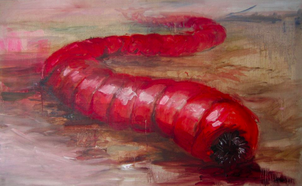 According to adventurer Ivan Mackerle, the Mongolian death worm was a red, fleshy, eyeless monster—traits captured in this artistic rendering. Pieter0024/CC BY-SA 1.0