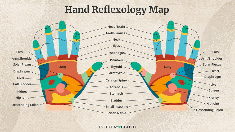 This graphic shows a reflexology map of points on the hands that, when pressed or massaged therapeutically, may stimulate other areas of the body.