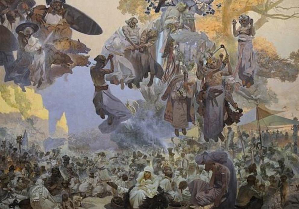 Mucha's The Slav Epic cycle No.2: The Celebration of Svantovít: When Gods Are at War, Salvation is in the Arts (1912).