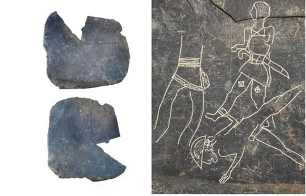 2,500-year-old slate containing drawings of battle scenes and paleo ...