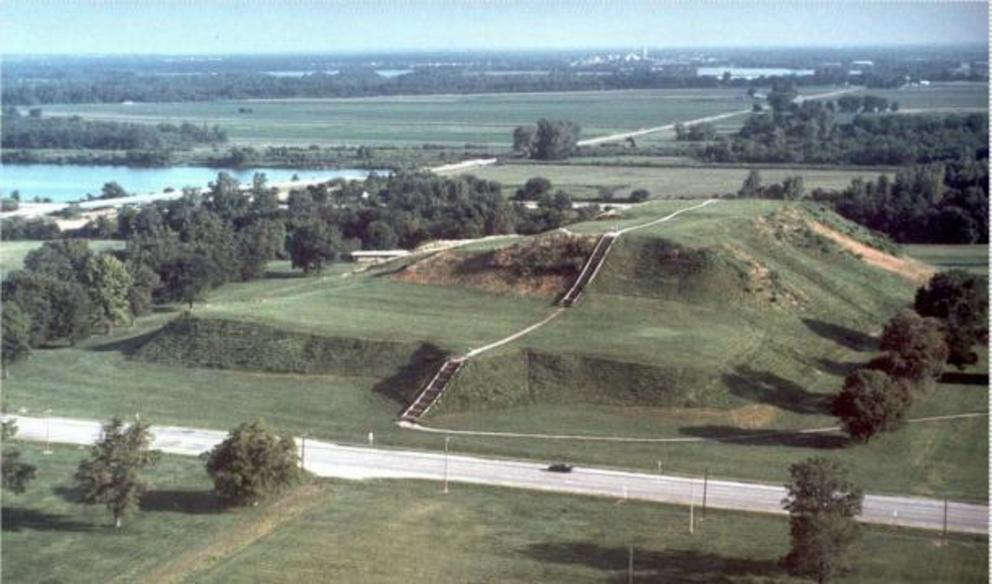 An aerial view of Monks Mound, largest of the Mississippian mounds of Cahokia.