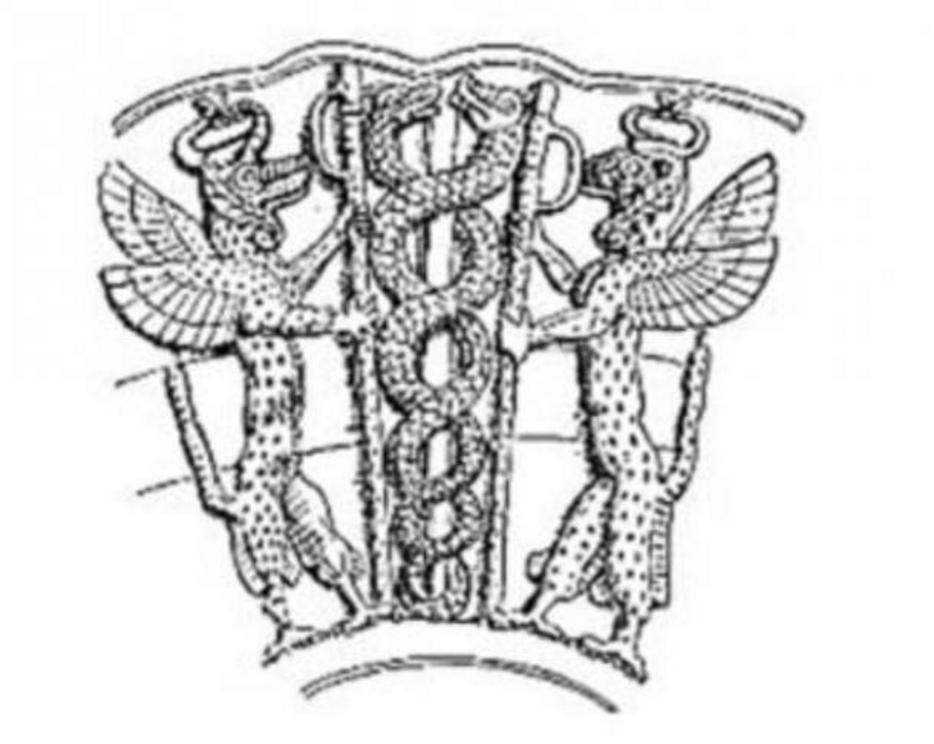 The Sumerian God, Ningizidda, represented as the double headed Snake coiled into a double helix (highlighting the duality in nature), flanked by two gryphons