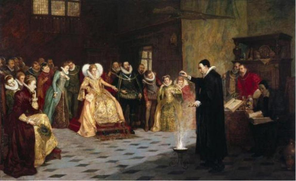 John Dee performing an experiment before Queen Elizabeth I. Oil painting by Henry Gillard Glindoni. 1913