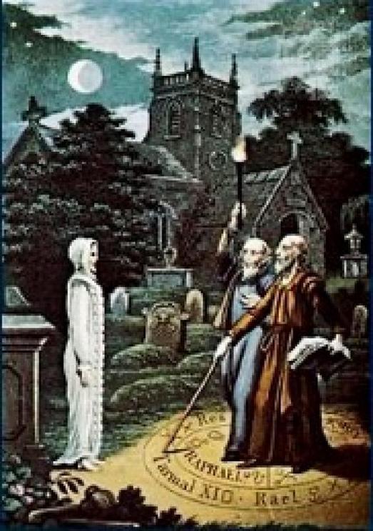 Necromancy: The art of conjuring the dead and communicating with them, image of John Dee and Edward Kelley. From Astrology (1806) by Ebenezer Sibly.