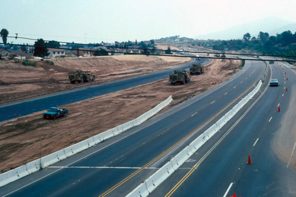 California State Route 54 during the early ’90s expansion project; the Cerutti Mastodon site is at the far left of the image. Courtesy San Diego Natural History Museum