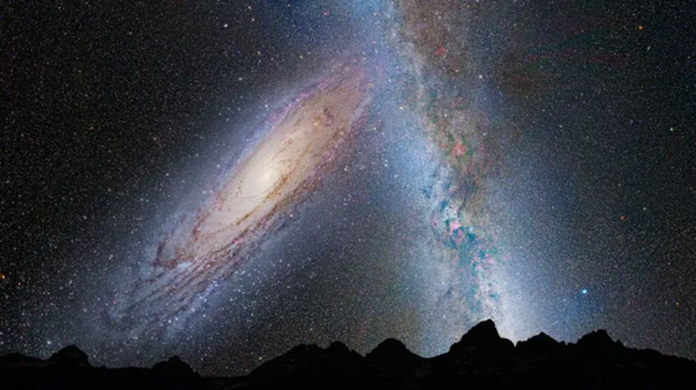 Andromeda (left) and the Milky Way (right) are predicted to collide in the next 8 billion years, permanently changing both. New research suggests our galaxy may be spared that fate. (Image credit: NASA Goddard)