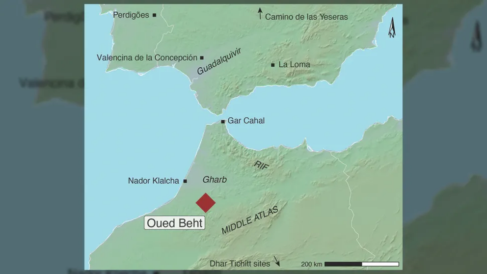 A map showing Oued Beht (red diamond) in northern Morocco.