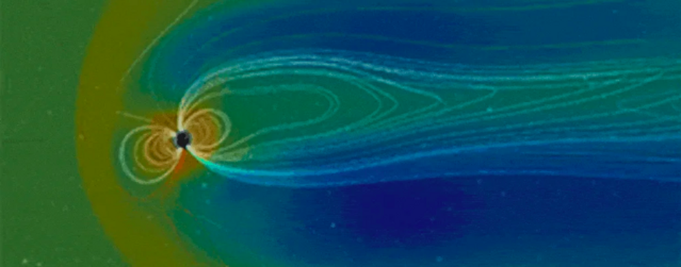  Earth's magnetosphere formed by the interaction between the planet's geomagnetic field and solar winds. (NASA's Scientific Visualization Studio)