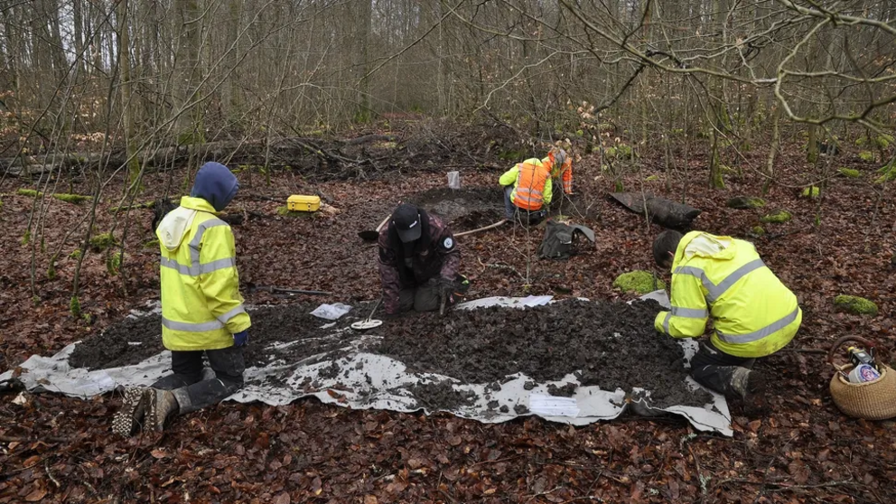 Archaeologists excavate the hoard of about 2,940 coins.