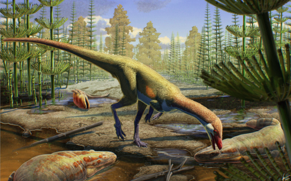  An artist’s rendering shows how Ahvaytum bahndooiveche may have appeared in a habitat dating to around 230 million years ago. (Gabriel Ugueto)	  Just a few fossil fragments of a tiny creature discovered thousands of miles north of its contemporaries have