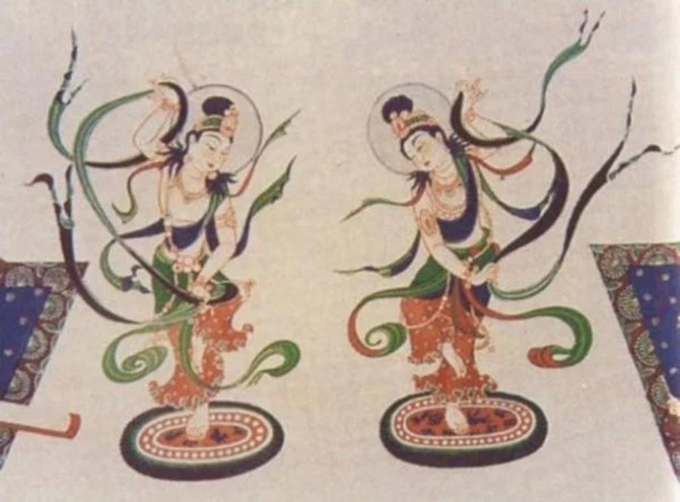 Heavenly devas dancing on small carpets like the early Silk Road dancers, showing the Sogdian Whirl appropriated into the high style of Tang dance and art.