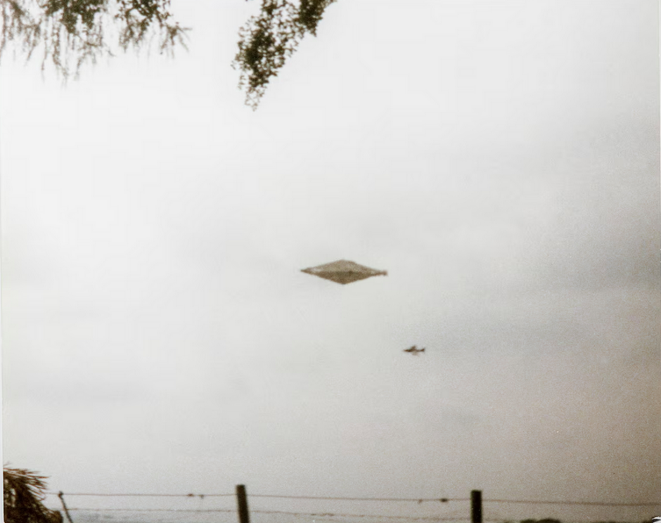 One of the Calvine UFO photographs taken in August 1990. Photograph: With permission of Craig Lindsay/Sheffield Hallam University