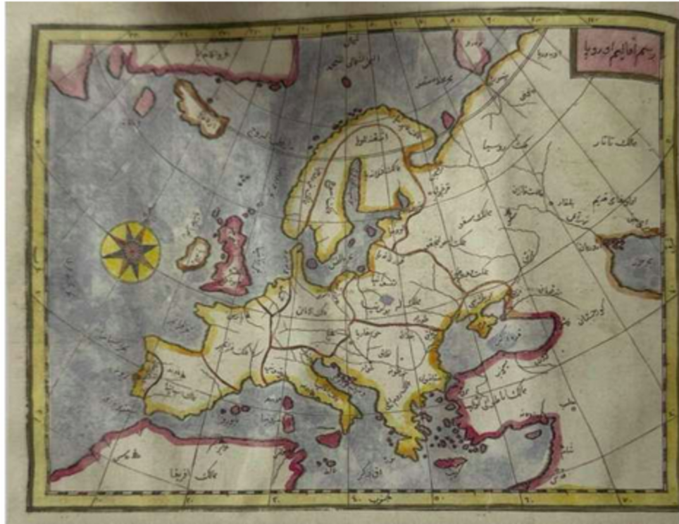 Hand-Colored Map of Europe in Katib Cele-bi, Kitab-i CiHAN-NUMA (The Cosmorama), Printed by Ibrahim Muteferrika, Istanbul, 1145 AH (1732 CE). Credit: Leiden University Libraries.