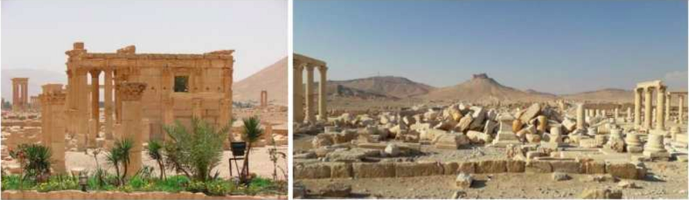 Photos of the temple of BaalShamin before and after the bombing. Credit: Hasan Ali 2007, Mohammed Fares 2025